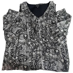 🛍️ Roz & Ali Black White Floral Blouse Cut Out Sleeves Womens Size XL